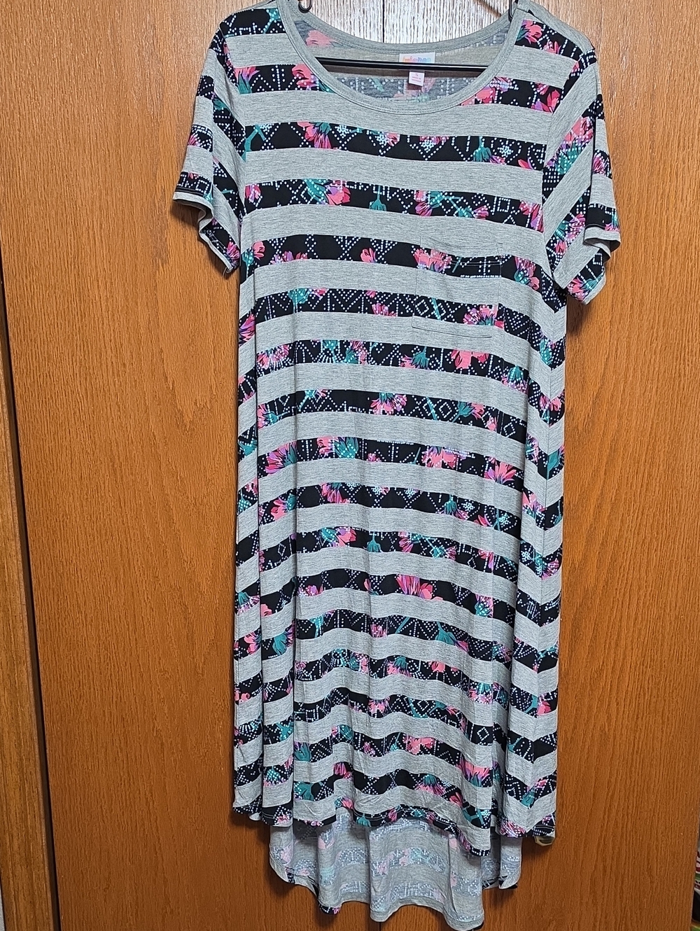 LuLaRoe Gray Striped Tee with Pink & Teal Floral Accents